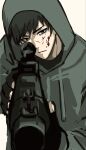  1boy aiming aiming_at_viewer black_eyes black_gloves black_hair blood blood_on_face commentary cry_of_fear despo1234w fingerless_gloves foreshortening gloves grey_hoodie gun highres holding holding_gun holding_weapon hood hood_up hoodie looking_at_viewer male_focus rifle scope serious short_hair sidelighting simon_henriksson sniper_rifle solo weapon 