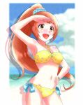  1girl beach bikini blue_sky breasts brown_hair cloud commentary_request cowboy_shot day halterneck hand_on_own_hip happy_birthday horizon idolmaster idolmaster_cinderella_girls ocean outdoors ponytail rabitan1022 sky smile solo strapless strapless_bikini swimsuit wakabayashi_tomoka yellow_bikini yellow_eyes 