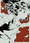  1girl ascot bow commentary_request detached_sleeves falling_petals frilled_bow frilled_hair_tubes frills greyscale_with_colored_background hair_bow hair_tubes hakurei_reimu kinosaki long_hair petals red_background ribbon-trimmed_sleeves ribbon_trim skirt solo touhou traditional_media 