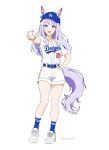  1girl absurdres animal_ears ball baseball_(object) baseball_cap baseball_jersey baseball_uniform belt blue_belt blue_hat blue_socks blush bow collarbone ear_bow ear_ribbon ears_through_headwear hand_on_own_hip hat highres holding horse_ears horse_girl horse_tail jersey long_hair looking_at_viewer los_angeles_dodgers matador64 mejiro_mcqueen_(umamusume) purple_eyes purple_hair shoes short_sleeves shorts smile socks solo sportswear tail umamusume white_shoes white_shorts 