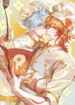  2boys alternate_costume blue_eyes book bread bread_slice chef chef_hat commentary food fried_egg hat highres holding holding_book honkai:_star_rail honkai_(series) hug kiss kissing_cheek ladle male_focus multiple_boys mydei_(honkai:_star_rail) phainon_(honkai:_star_rail) untranslatable_commentary white_hair xiixiix31075929 yaoi yellow_eyes 