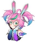  1girl ahoge blue_hair blue_sleeves blush chang'e_(mobile_legends) closed_mouth commentary_request cropped_torso detached_sleeves double-parted_bangs glasses gloves gradient_hair gradient_sleeves green_eyes green_streaks hair_between_eyes hair_intakes hands_on_own_cheeks hands_on_own_face highres long_sleeves mobile_legends:_bang_bang multicolored_hair pink_hair purple_sleeves quasar631 round_eyewear shirt short_hair short_twintails simple_background sleeveless sleeveless_shirt smile solo streaked_hair twintails two-tone_sleeves white_background white_gloves white_shirt 