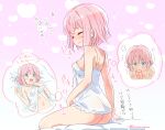  1girl absurdres ass blush breasts chiyoda_momo closed_eyes closed_mouth commentary_request female_masturbation fingering gradient_background green_eyes heart heart_background highres icorasama imagining machikado_mazoku masturbation medium_breasts nightgown nude open_mouth pink_background short_hair sitting speech_bubble thought_bubble translation_request white_nightgown 