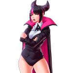  1girl absurdres alternate_costume black_cape black_hair black_jacket black_panties blue_nails cape collared_shirt commentary commission croissama crossed_arms english_commentary hair_horns han_juri highres jacket multicolored_hair open_mouth panties pink_cape pink_eyes pink_streaks shirt simple_background solo streaked_hair street_fighter tongue tongue_out two-sided_cape two-sided_fabric underwear white_background white_shirt 