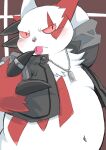  2022 anthro belly big_belly blush clothed clothing hi_res kemono navel nintendo overweight pink_nose pok&eacute;mon pok&eacute;mon_(species) red_body shirokumaou solo tongue tongue_out video_games white_body zangoose 
