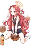  1girl bangs bare_arms bare_shoulders basketball basketball_jersey black_shirt black_shorts blue_archive blue_eyes blush bottle bow braid breasts closed_mouth groin hair_bow halo highres long_hair looking_at_viewer one_side_up parted_bangs red_hair ryoma_(rym_369) shirt shoes short_shorts shorts simple_background sleeveless sleeveless_shirt small_breasts socks solo sweat very_long_hair water_bottle white_background white_bow white_footwear yuzu_(blue_archive) 