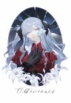  1girl absurdres ascot bang_dream! bang_dream!_it's_mygo!!!!! black_ascot black_corset black_gloves blue_hair breasts broken_mirror brooch butterfly_on_face chinese_commentary commentary_request corset cross-laced_clothes cross-laced_corset crying crying_with_eyes_open daoxian_erpuzi earrings english_text flower gloves hair_ribbon hand_on_own_chest head_tilt highres jewelry lace lace_gloves lily_(flower) medium_breasts mirror outside_border oval_border parted_lips puffy_short_sleeves puffy_sleeves red_shirt ribbon shirt short_sleeves solo straight-on tears togawa_sakiko two_side_up underbust yellow_eyes 