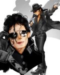  black_hair black_jacket black_pants black_shirt commentary faiartist7 gloves highres jacket leather leather_jacket leather_pants long_hair michael_jackson open_clothes open_shirt pants real_life sequential shirt sunglasses white_gloves 