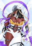  1girl alternate_hair_color alternate_hairstyle alternate_skin_color angel angel_wings angewomon asymmetrical_clothes bare_shoulders belt black_hair bodysuit breasts cleavage clothing_cutout commentary covered_eyes cowboy_shot dark-skinned_female dark_skin darkened_skin digimon digimon_(creature) dreadlocks english_commentary fingernails gintoeki gold_bra hagoromo hair_tubes head_wings helmet helmet_over_eyes highres hip_vent kinky_hair lips long_hair metal_bra multiple_belts multiple_wings nail_polish navel o-ring o-ring_belt purple_shawl ring_hair_ornament shawl single_leg_bodysuit smile solo stomach_cutout strapless thigh_strap very_dark_skin white_bodysuit white_nails winged_gloves winged_helmet wings wrist_wings 