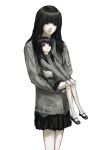  1girl black_eyes black_hair black_shoes black_skirt blue_collar blue_shirt blunt_bangs character_doll collar doll doll_joints facing_viewer fukaku_umeru grey_sweater highres holding holding_doll joints light_smile long_hair long_sleeves looking_at_viewer original pale_skin pleated_skirt shirt shoes skirt socks solo solo_focus sweater upper_body white_background white_socks 
