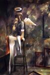 1girl absurdres angel_wings black_hair blunt_bangs cigarette commentary_request denim denim_jacket faux_traditional_media haibane_renmei hair_over_eyes halo highres hoshiki_miko jacket long_hair looking_at_object on_stool paint_palette paintbrush painting_(action) painting_(object) reki_(haibane_renmei) sitting sleeves_rolled_up smoking solo stool white_blanket wings 