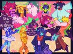  1other 2girls 4boys absurdres androgynous antenna_hair aqua_(deltarune) aqua_skin armlet artist_name black_hair black_nails blonde_hair blue_(deltarune) blue_skin blush blush_stickers boots bow bowtie bracelet brown_boots brown_hat brown_pants closed_eyes closed_mouth colored_sclera colored_skin commentary cowboy cowboy_boots cowboy_hat deltarune english_commentary english_text fang finger_gun flowery_(deltarune) furry furry_female furry_male glasses green-framed_eyewear green_hat grey_hair hair_bow hat heart highres holding holding_money jewelry kris_(dark_world)_(deltarune) kris_(deltarune) kris_(school_uniform)_(deltarune) long_hair long_sleeves looking_at_another looking_at_viewer lower_teeth_only mihych money multiple_boys multiple_girls orange_shirt pants parted_lips pink_eyes pink_scarf pleated_skirt purple_hair purple_skin ralsei ralsei_(hat) red_bow red_bowtie red_eyes reptile_girl round_eyewear scarf scene_reference school_uniform semi-rimless_eyewear shaded_face sharp_teeth shirt short_hair skin_fang skirt sleeves_past_fingers sleeves_past_wrists smile speech_bubble spiked_armlet spiked_bracelet spikes susie_(dark_world)_(deltarune) susie_(deltarune) teeth under-rim_eyewear utdr_(toby_fox) vest white-framed_eyewear yellow_(deltarune) yellow_sclera yellow_skin yellow_vest 