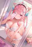  1girl ahoge animal_ear_fluff animal_ears aria_(ariacue) blue_bow bow bra braid breasts cat_ears cat_girl cellphone cleavage closed_mouth commentary_request extra_ears frilled_panties frills hair_bow hand_up highres holding holding_phone indie_virtual_youtuber indoors lace-trimmed_bra lace_trim large_breasts lingerie long_hair looking_at_viewer maid_headdress mirror navel panties phone pink_eyes pink_hair selfie side_braids sidelocks smartphone solo stomach underwear very_long_hair virtual_youtuber white_bra yuuki_sakuna 