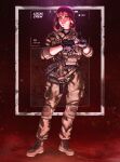  1girl absurdres aks-74u assault_rifle battery_indicator black_background blood boots chainsaw_man fyugins_png gloves gradient_background gun highres kalashnikov_rifle knee_pads makima_(chainsaw_man) military military_uniform orange_eyes propaganda red_background red_hair rifle russo-ukrainian_war smile solo standing wagner_group weapon 