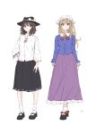  2girls absurdres black_hat black_shoes black_skirt blonde_hair blue_shirt brown_eyes brown_hair closed_mouth commentary_request expressionless fedora hat highres kashiwada_kiiho light_smile long_hair long_skirt maribel_hearn medium_hair medium_skirt mob_cap multiple_girls purple_skirt retrospective_53_minutes shirt shoes simple_background skirt socks standing touhou usami_renko white_background white_hat white_shirt white_socks yellow_eyes 