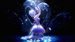  1girl absurdres arms_up black_background blue_dress blue_hair breasts closed_eyes commentary_request detached_sleeves dress earrings falling_feathers feathers flyshadow from_side full_body genshin_impact gloves hair_ornament highres jewelry kneeling medium_breasts no_shoes odette_(genshin_impact) short_hair single_glove solo spotlight 