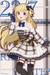  1girl 22/7 :d black_thighhighs blonde_hair blue_bow blue_bowtie blue_gloves bow bowtie copyright_name copyright_notice detached_sleeves dress feet_out_of_frame fujima_sakura fur-trimmed_sleeves fur_trim gloves hair_bow hair_rings hand_up long_hair official_art one_side_up open_mouth plaid_clothes plaid_dress plaid_sleeves pleated_dress purple_eyes santa_costume santa_dress single_hair_ring sleeveless sleeveless_dress smile solo standing teeth thighhighs upper_teeth_only 