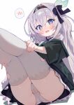  1girl absurdres ass black_dress black_hairband blue_eyes blush bright_pupils commentary_request dress embarrassed feet_out_of_frame firefly_(honkai:_star_rail) firefly_(jepella_rebellion)_(honkai:_star_rail) from_below gradient_eyes green_ribbon grey_hair hair_ornament hairband hands_on_own_thighs hi_mi_zu highres honkai:_star_rail honkai_(series) leaf_hair_ornament long_hair looking_at_viewer multicolored_eyes official_alternate_costume panties partial_commentary peanut_mouth purple_eyes ribbon shirt solo spoken_blush thighhighs underwear white_panties white_shirt white_thighhighs 