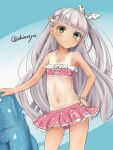  1girl akino_shuu anchor_hair_ornament bare_arms bare_shoulders bikini blue_background blush braid check_commentary closed_mouth collarbone commentary_request frilled_bikini frills green_eyes grey_hair hair_ornament hair_ribbon hand_on_own_hip kantai_collection long_hair maestrale_(kancolle) maestrale_kai_(swimsuit)_(kancolle) navel one-piece_tan pink_bikini polka_dot polka_dot_bikini ribbon smile solo strapless strapless_bikini swimsuit tanlines twitter_username two-tone_background very_long_hair white_ribbon 