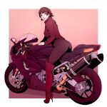  1girl ass biker_clothes blunt_bangs boots braid breasts brown_hair commentary cortodan crown_braid drop_shadow english_commentary from_side full_body high_heel_boots high_heels highres jacket knee_boots limited_palette looking_back motor_vehicle motorcycle niijima_makoto on_motorcycle pants parted_lips persona persona_5 pink_lips red_eyes short_hair simple_background solo tight_clothes tight_pants 