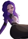  1girl blue_eyes bodysuit breasts commentary d.mon_(overwatch) english_commentary eyes_visible_through_hair facing_viewer from_side half-closed_eyes highres long_hair maguromart mecha_pilot_suit on_floor overwatch purple_hair self-upload sitting skin_tight tight_clothes wavy_hair 