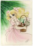  1970s_(style) 1girl back_bow basket blonde_hair border bottle bow candice_white_ardlay candy_candy_(series) dress feet_out_of_frame flower green_eyes hair_bow holding holding_basket igarashi_yumiko lens_flare looking_back medium_hair official_art open_mouth painting_(medium) pink_bow pink_dress retro_artstyle short_sleeves signature smile solo sparkling_eyes third-party_source traditional_media turning_head twintails white_border white_flower 