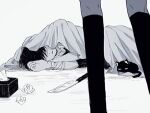  2boys bandaged_arm bandages black_socks blanket cat closed_mouth collared_shirt dual_persona greyscale hair_over_eyes kneehighs knife lying mewo monochrome multiple_boys omori omori_(omori) on_side sawaki_(2d1ty) shirt socks sunny_(omori) sweater_vest tissue tissue_box under_covers used_tissue 