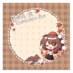  1girl :d ;d bilingual_text bird black_ribbon black_skirt brown_hair character_name chibi chibi_only chinese_commentary collared_shirt commentary_request crow full_body geta hat holding holding_pen looking_at_viewer mixed-language_text neck_ribbon one_eye_closed pen pom_pom_(clothes) puffy_short_sleeves puffy_sleeves red_eyes red_hat red_shoes ribbon shameimaru_aya shirt shoes short_sleeves skirt smile socks solo tengu-geta tokin_hat touhou white_shirt white_socks y_h 