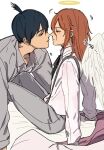  2boys adam's_apple angel_devil_(chainsaw_man) angel_wings black_ribbon chainsaw_man commentary_request dress_shirt face-to-face from_side grey_pants grey_shirt halo hayakawa_aki imminent_kiss kga_aee korean_commentary light_blush long_hair male_focus multiple_boys neck_ribbon pants ribbon shirt short_hair simple_background sitting suit_pants suspenders topknot traditional_halo white_background wings yaoi 