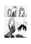  2boys absurdres angel_devil_(chainsaw_man) bag box chainsaw_man closed_mouth commentary_request crossdressing crossdressing_(mtf) dress earrings fourth_east_high_school_uniform gift gift_box greyscale hair_between_eyes halo hayakawa_aki highres holding holding_box jewelry kga_aee korean_commentary long_hair male_focus monochrome multiple_boys pinafore_dress school_bag school_uniform short_hair sleeveless sleeveless_dress trap wings 