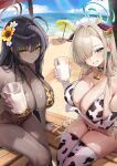  2girls absurdres alternate_costume animal_ear_hairband animal_ears animal_print arm_under_breasts asuna_(blue_archive) beach bell bikini black_hair black_halo blonde_hair blue_archive blue_eyes blue_halo blue_nails blue_sky breasts cleavage cloud cow_ear_hairband cow_ears cow_print cow_print_bikini cow_print_gloves cowbell cup dark-skinned_female dark_skin doodle_sensei_(blue_archive) elbow_gloves fake_animal_ears fake_horns flower gloves grin hair_flower hair_ornament hair_over_one_eye hairband halo highres holding holding_cup horns huge_breasts karin_(blue_archive) leopard_print leopard_print_bikini long_hair looking_at_viewer md5_mismatch milk mole mole_on_breast multiple_girls navel neck_bell ocean outdoors print_bikini print_gloves print_thighhighs qianshui_baodan sand sensei_(blue_archive) side-tie_bikini_bottom sitting sky smile swimsuit thick_thighs thighhighs thighs umbrella yellow_eyes yellow_flower 