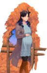  1girl absurdres alternate_costume asymmetrical_horns autumn_leaves black_hair black_horns blue_hair breasts colored_inner_hair commentary demon_horns english_commentary highres hololive hololive_english horns large_breasts leaf long_hair mairu_(myru263) multicolored_hair nerissa_ravencroft pantyhose pregnant red_eyes smile solo uneven_horns very_long_hair virtual_youtuber 