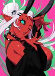  1girl absurdres aqua_eyes artist_logo black_choker black_horns black_jacket black_sclera breasts bursting_breasts choker colored_sclera colored_skin demon_girl demon_horns double_bun drop_shadow ear_piercing earrings eyelashes fingernails from_side hair_bun hair_ornament hairclip heart heart_o-ring highres horns huge_breasts jacket jewelry lips logo long_fingernails long_hair long_pointy_ears long_sleeves looking_at_viewer looking_to_the_side lyla_(thehelmet_guy) necklace o-ring o-ring_choker off_shoulder one_eye_closed original parallel_hairclips piercing pointy_ears puckered_lips punk red_lips red_skin sideboob sidelocks skindentation skull_hair_ornament solo spread_fingers star_(symbol) star_earrings thehelmet_guy underwear upper_body very_long_hair white_hair 