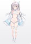  1girl absurdres ahoge angel angel_wings bare_shoulders blue_bow blue_ribbon blush bow breasts butterfly_hair_ornament closed_mouth commentary detached_sleeves expressionless footwear_bow frilled_panties frilled_sleeves frilled_thigh_strap frills full_body green_eyes grey_hair hair_between_eyes hair_ornament halo highres hiuzawa_reira indie_virtual_youtuber leg_ribbon long_hair looking_at_viewer maki57220 multi-strapped_panties navel panties ribbon shoes sidelocks simple_background skindentation sleeves_past_fingers sleeves_past_wrists slit_pupils small_breasts solo standing stomach straight_hair thigh_strap thighs two_side_up underwear very_long_hair virtual_youtuber white_background white_panties white_shoes wide_sleeves wings yellow_halo 