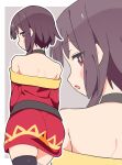  1girl absurdres back bare_shoulders black_choker black_thighhighs blush border brown_hair choker closed_mouth commentary_request grey_background highres kono_subarashii_sekai_ni_shukufuku_wo! looking_at_viewer looking_back medium_hair megumin noyama_takenoko open_mouth red_eyes red_shirt shirt single_thighhigh solo thighhighs thighs white_border zoom_layer 