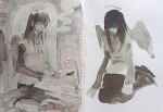  1girl angel angel_wings black_hair cigarette commentary dishwashing dreamcatcher faucet haibane_renmei halo highres iskelly231764 jewelry kitchen long_hair long_skirt long_sleeves messy_hair multiple_views necklace painting_(medium) reki_(haibane_renmei) seiza sink sitting skirt smoke smoking solo sweater traditional_media watercolor_(medium) wings 