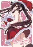  1girl ass bare_shoulders black_choker black_ribbon black_thighhighs blush breasts bridal_gauntlets brown_eyes brown_hair chest_bow choker comiket_107 commentary_request from_below from_side fur-trimmed_bridal_gauntlets fur-trimmed_skirt fur-trimmed_tube_top fur_trim hair_ribbon hat highres long_hair looking_at_viewer looking_back looking_to_the_side medium_breasts miniskirt original outline panties pantyshot pink_background red_bridal_gauntlets red_skirt red_tube_top ribbon santa_costume santa_hat skindentation skirt solo strapless super_zombie thighhighs thong thong_panties tube_top twintails twitter_username underwear upskirt very_long_hair white_outline white_panties wind wind_lift 
