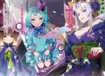  3girls animal_ears antlers aqua_dress bare_shoulders blonde_hair blue_dress blue_eyes blue_hair braid breasts brown_hair cleavage colored_smoke commentary_request deer_antlers deer_ears deer_girl dragon dragon_horns dress exhaling_smoke eyeliner flower fox_ears fox_girl fox_tail fuku_kitsune_(fuku_fox) gradient_hair green_nails green_sash green_trim hair_flower hair_ornament highres hikimayu holding holding_smoking_pipe horn_ornament horns japanese_clothes kimono kiseru kneeling large_breasts long_hair looking_at_viewer madelyn_(re:zero) makeup mature_female multicolored_hair multiple_girls nihongami off_shoulder official_art open_mouth polka_dot polka_dot_dress polka_dot_hair purple_eyes re:zero_kara_hajimeru_isekai_seikatsu red_eyeliner ribbon sash second-party_source short_hair smile smoke smoking_pipe tail tanza_(re:zero) translation_request white_hair yellow_eyes yorna_mishigure yuujo 