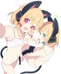  2girls :d animal_ear_headphones animal_ears bare_shoulders blonde_hair blue_archive blush bow bra cat_ear_headphones cat_ears cat_tail fake_animal_ears green_eyes hair_between_eyes halo headgear headphones headset highres long_hair looking_at_viewer medium_hair midori_(blue_archive) momoi_(blue_archive) multiple_girls open_mouth outstretched_arm outstretched_hand panties polka_dot polka_dot_bow polka_dot_bra polka_dot_panties reaching_out selfie siblings simple_background sisters smile supershiruco tail twins underwear underwear_only undressing v 