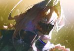  1girl ahoge blue_eyes braid braided_ponytail breasts close-up cyberpunk cyberpunk:_edgerunners cyberpunk:_edgerunners_2 cyberpunk_(series) cyborg dark-skinned_female dark_skin floating_hair from_side hair_between_eyes hair_intakes huge_ahoge long_hair looking_ahead mask mouth_mask pink_hair portrait quasarcake rain sidelocks skin_seams slit_pupils solo talia_yang water_drop wet 