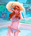  2girls 2others bikini blowing_bubble_gum blue_eyes blurry blurry_background bow bow_bikini breasts chewing_gum commentary cross-shaped_pupils english_commentary gwen_(league) hair_ornament hand_up hat heterochromia highres island_vacation_gwen league_of_legends long_hair looking_at_viewer low-tied_long_hair mismatched_pupils mordekaiser_(league) multiple_girls multiple_others navel nosori orange_bow orange_eyes orange_hair outdoors partially_submerged red_lips side-tie_bikini_bottom small_breasts stomach sun_hat swept_bangs swimsuit symbol-shaped_pupils thresh_(league) vex_(league) water white_bikini x-shaped_pupils 