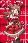 1girl 22/7 :d arm_up black_thighhighs boots bow bowtie brown_eyes brown_hair copyright_name copyright_notice detached_sleeves dress fanged_bangs foot_out_of_frame fur-trimmed_sleeves fur_trim gloves hair_bow hair_ornament jumping long_hair looking_at_viewer looking_to_the_side official_art open_mouth outstretched_arm plaid_clothes plaid_dress pleated_dress red_background red_boots red_bow red_bowtie red_dress red_gloves red_sleeves santa_costume santa_dress sera_honoka sleeveless sleeveless_dress smile solo teeth thighhighs two_side_up upper_teeth_only white_bow 