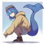  1girl absurdres bao_the_whale black_hat blue_hair blue_tail brown_shoes cetacean_tail fins fish_tail from_side hat highres hood hoodie indie_virtual_youtuber red_eyes shoes short_hair shorts simple_background solo squatting tail vinsycal virtual_youtuber whale_girl 