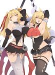  2girls absurdres ahoge animal_print arm_up armpits bare_shoulders bat_print blonde_hair breasts cissia_(zenless_zone_zero) claret_flint commentary_request cowboy_shot detached_sleeves hair_between_eyes hair_ornament hair_ribbon highres large_breasts leotard long_hair looking_at_viewer mask_on_belt multicolored_hair multicolored_leotard multiple_girls navel open_mouth pom_pom_(clothes) pom_pom_hair_ornament print_thighhighs red_eyes red_ribbon red_streaks ribbon samejimamayu simple_background skirt snake snake_girl snake_tail sphere_hair_ornament streaked_hair tail thighhighs twintails two-tone_leotard white_background white_snake zenless_zone_zero 