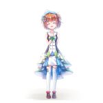  1girl absurdres ahoge ankle_scrunchie asymmetrical_legwear bare_shoulders beret blue_dress blue_hat blue_skirt blue_wrist_cuffs blush bow bow_legwear breasts buttons chest_bow closed_eyes commentary dot_nose double-breasted dress facing_viewer frilled_sailor_collar frills full_body getsuyoshi green_bow green_wrist_cuffs hair_ornament hairclip hand_on_own_chest happy hat head_tilt highres idol idol_clothes kirare_idol_uniform layered_skirt mismatched_legwear one_side_up open_mouth pink_scrunchie pinstripe_pattern pinstripe_skirt pinstripe_thighhighs polka_dot polka_dot_scrunchie purple_shoes re:stage! red_bow sailor_collar scrunchie shikimiya_mana shoes simple_background skirt sleeveless sleeveless_dress small_breasts smile solo standing star_(symbol) striped_bow striped_clothes striped_skirt striped_thighhighs thighhighs two-tone_dress two-tone_wrist_cuffs vertical-striped_clothes vertical-striped_skirt vertical-striped_thighhighs white_background white_dress white_skirt white_thighhighs wrist_cuffs zettai_ryouiki 