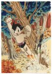  1960s_(style) 2boys android arm_up atom_(tetsuwan_atom) autumn_leaves black_eyes black_hair border clenched_hands duel fallen_tree fewer_digits fire flying forest hand_up insect_wings leaf looking_at_another looking_back male_focus mosquito_(tetsuwan_atom) motion_lines multiple_boys nature official_art outdoors painting_(medium) retro_artstyle short_hair tetsuwan_atom tezuka_osamu third-party_source topless_male traditional_media tree white_border wings 