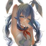  1girl ahoge alternate_costume animal_ears arm_up armpit_focus armpits bare_shoulders blue_eyes blue_hair blue_sailor_collar blush braid commentary_request crossed_bangs detached_collar fake_animal_ears hair_between_eyes hair_intakes hand_up highres leotard long_hair looking_at_viewer mushoku_tensei neckerchief nontraditional_playboy_bunny open_mouth presenting_own_armpit rabbit_ears red_neckerchief roxy_migurdia sailor_collar simple_background solo strapless strapless_leotard twin_braids upper_body white_background white_leotard yabudori 