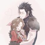  1boy 1girl aerith_gainsborough armor bangle black_hair blush bracelet brown_hair closed_eyes closed_mouth commentary_request couple crisis_core:_final_fantasy_vii cross_scar dress final_fantasy final_fantasy_vii final_fantasy_vii_remake from_side gold_bangle hair_ribbon happy hatidoricrisp heart hetero hug jacket jewelry open_clothes open_jacket open_mouth parted_bangs pink_background pink_dress pink_ribbon red_jacket ribbed_sweater ribbon scar scar_on_cheek scar_on_face short_hair shoulder_armor sleeveless sleeveless_sweater sleeveless_turtleneck smile spiked_hair sweater turtleneck turtleneck_sweater upper_body zack_fair 