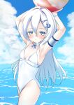  1girl armband arms_up ball beachball blue_archive blue_eyes blue_ribbon c.u.wa colored_eyelashes commentary_request detached_collar feet_out_of_frame gradient_eyes highleg highleg_one-piece_swimsuit highres horizon long_hair long_single_sidelock looking_at_viewer missing_halo multicolored_eyes neck_ribbon ocean one-piece_swimsuit orca_hair_ornament ribbon sayuri_(blue_archive) solo swimsuit watch white_eyelashes white_hair white_one-piece_swimsuit wristwatch 