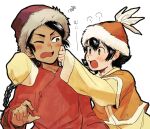  1boy 1girl black_eyes black_hair blush braid cheek_pinching commentary_request deel dress fur-trimmed_headwear fur_trim highres khulan_(tenmaku_no_jaadugar) kultukan_(tenmaku_no_jaadugar) no_sclera one_eye_closed open_mouth pinching red_shirt shirt sktnkg00 tenmaku_no_jaadugar yellow_dress 